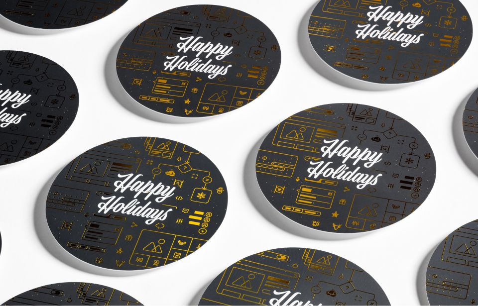 Festive holiday greeting card design with silk laminate and seasonal typography
